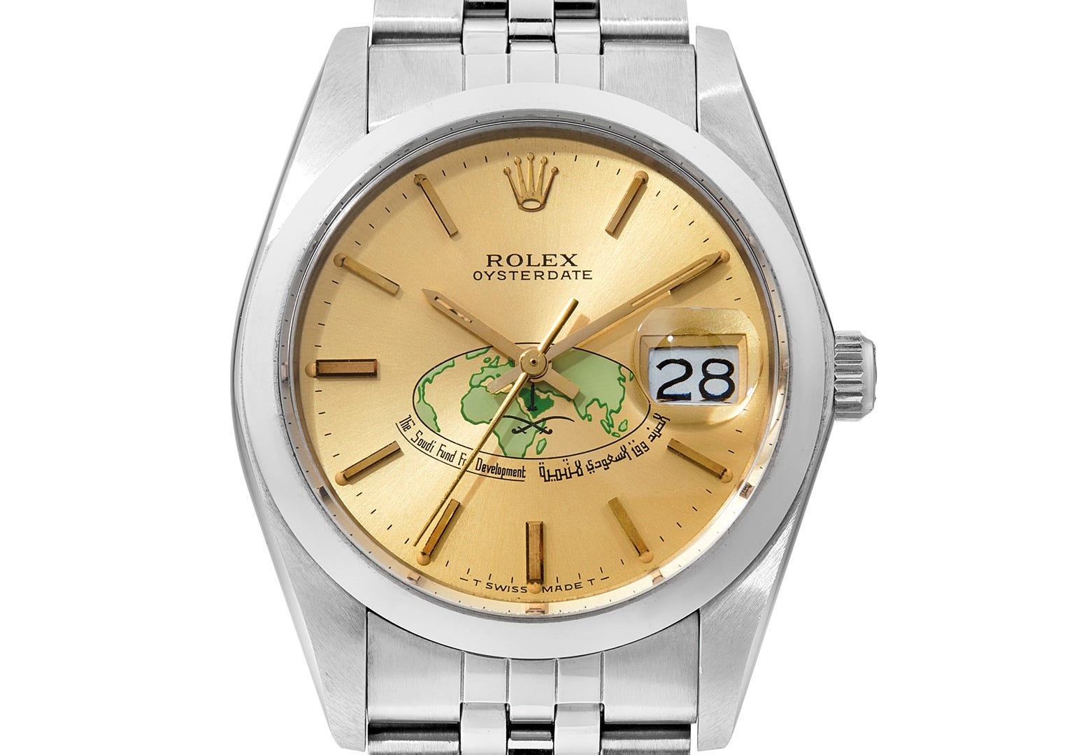 A 1964 Rolex Oysterdate bearing the Saudi Fund For Development logo. Image courtesy of Bonhams